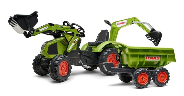 Falk – 1010W – Fahrrad und Fahrzeug für Kinder – Traktor Claas Axos + Schaufel + Bagger + Anhänger M