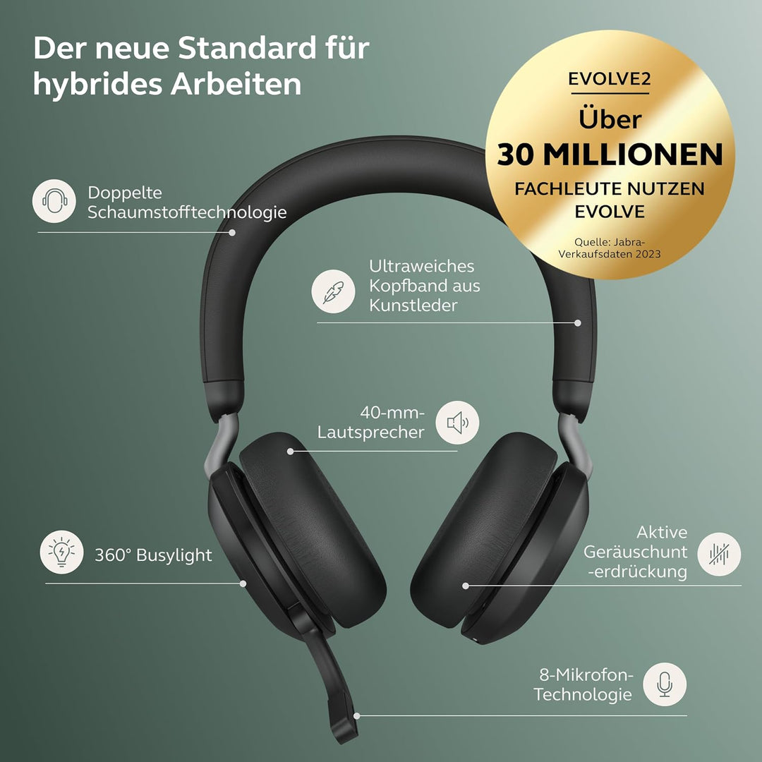 Jabra Evolve2 75 Wireless PC Headset with 8-Microphone Technology - Dual Foam Stereo Headphones with