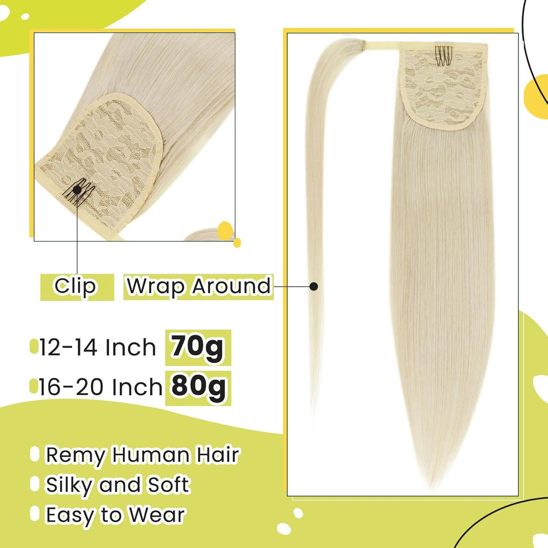 RUNATURE Remy Zopf Extension Echthaar Weiss Blond 55cm/22 Zoll Long Extensions Clip on Ponytail 80g/