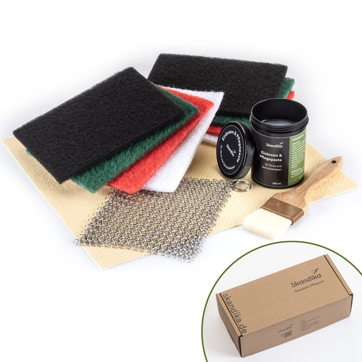 Skandika Dutch Oven Gusseisen Pflegeset | Zubehör Einbrennpaste/Pflegepaste, Ringreiniger, Pinsel, T