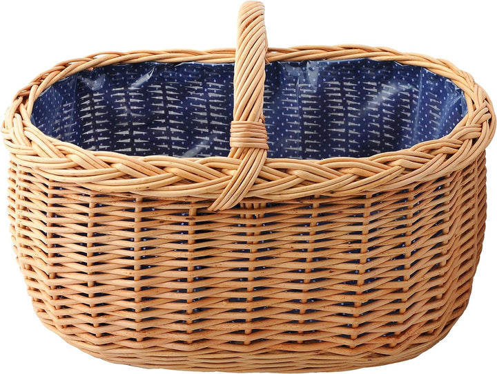 Grosser Einkaufskorb/Autokorb aus Weide mit Henkel und Stoffeinlage (blau mit weissen Punkten) | mit