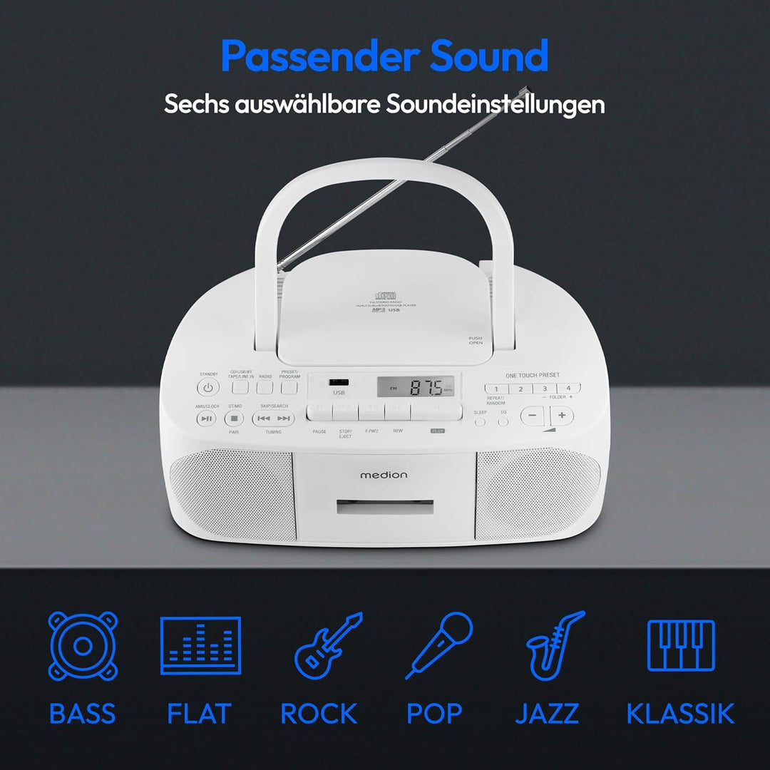 MEDION E65010 Stereoradio (CD-Player, Kassette, USB Anschluss, AUX Audioeingang, MP3-Widergabe. UKW