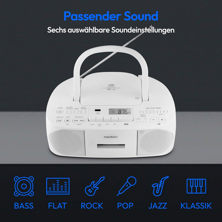 MEDION E65010 Stereoradio (CD-Player, Kassette, USB Anschluss, AUX Audioeingang, MP3-Widergabe. UKW