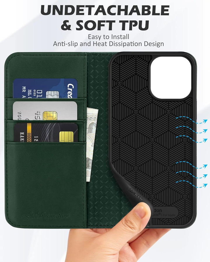 SHIELDON Hülle für iPhone 13 Pro Max Lederhülle [Echtleder] [RFID-Sperre] [Kartenfach] [Magnet] TPU