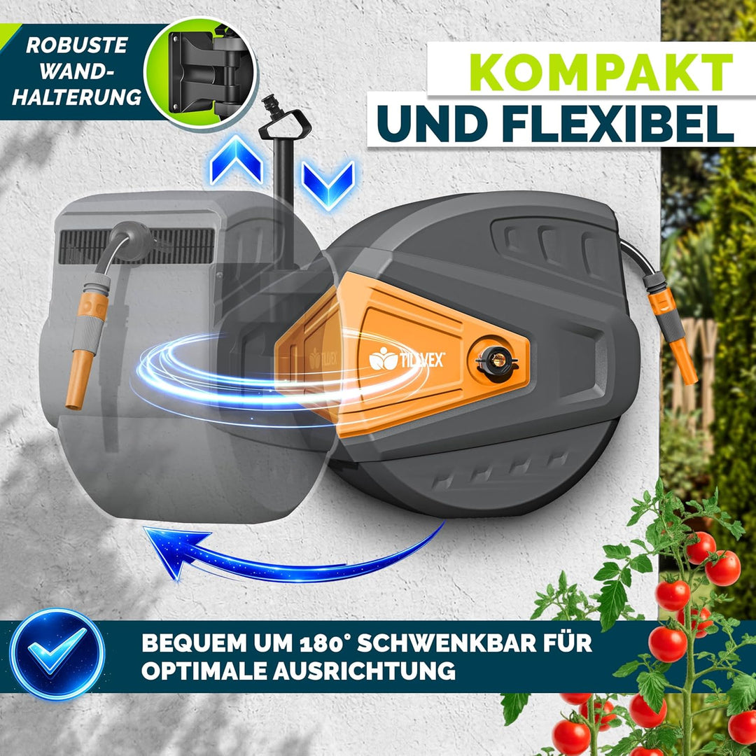 tillvex Schlauchtrommel Wasser mit Wandhalterung + Tragegriff | Schlauchaufroller mit Handbrause und