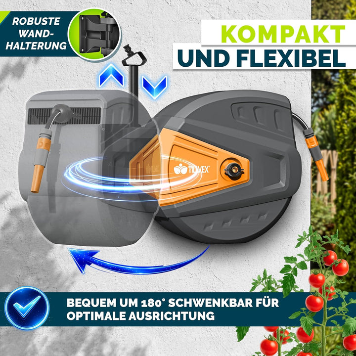 tillvex Schlauchtrommel Wasser mit Wandhalterung + Tragegriff | Schlauchaufroller mit Handbrause und