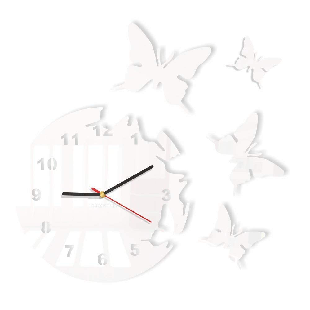 Grosse moderne Wanduhr Schmetterling Weiss rund 30cm, 3d DIY, Wohnzimmer, Schlafzimmer, Kinderzimmer