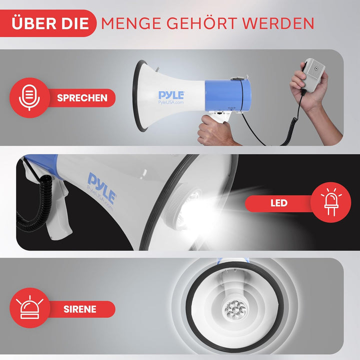 50 Watt Megafon von Pyle - Voice Holder mit integrierter Sirene und LED-Lampe - einstellbare Lautstä