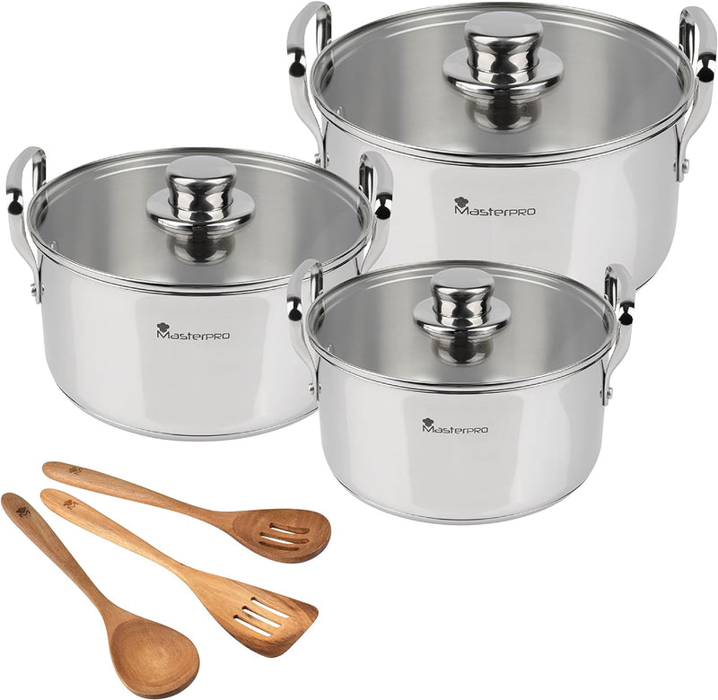 MasterPro Smart | Kochgeschirr 6-teilig, 3 Pfannen von 20, 24 und 28 cm und 3 Holzutensilien | Edels