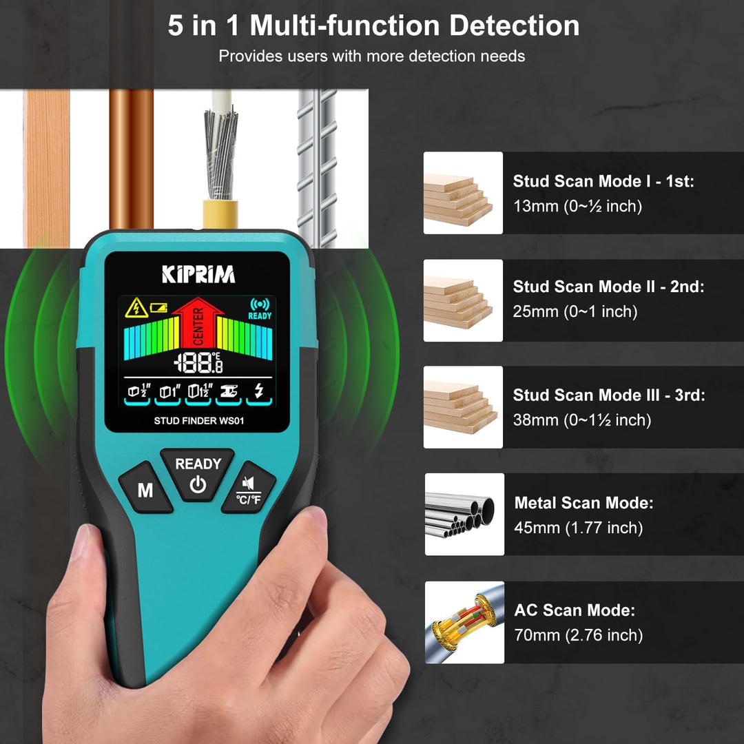 Kiprim Leitungssucher Ortungsgerä mit LCD-Display, 5-in-1 Elektronischer Bolzensucher für Holz, Meta
