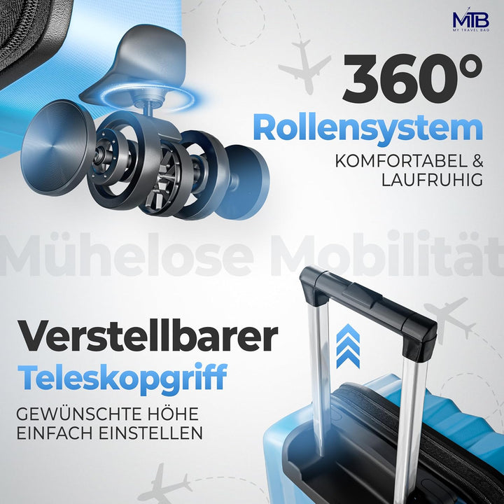 Hartschalen-Koffer Trolley ABS Reisekoffer 4 Zwillingsrollen (Handgepäck-Mittel-Gross-Set) + 5cm Deh