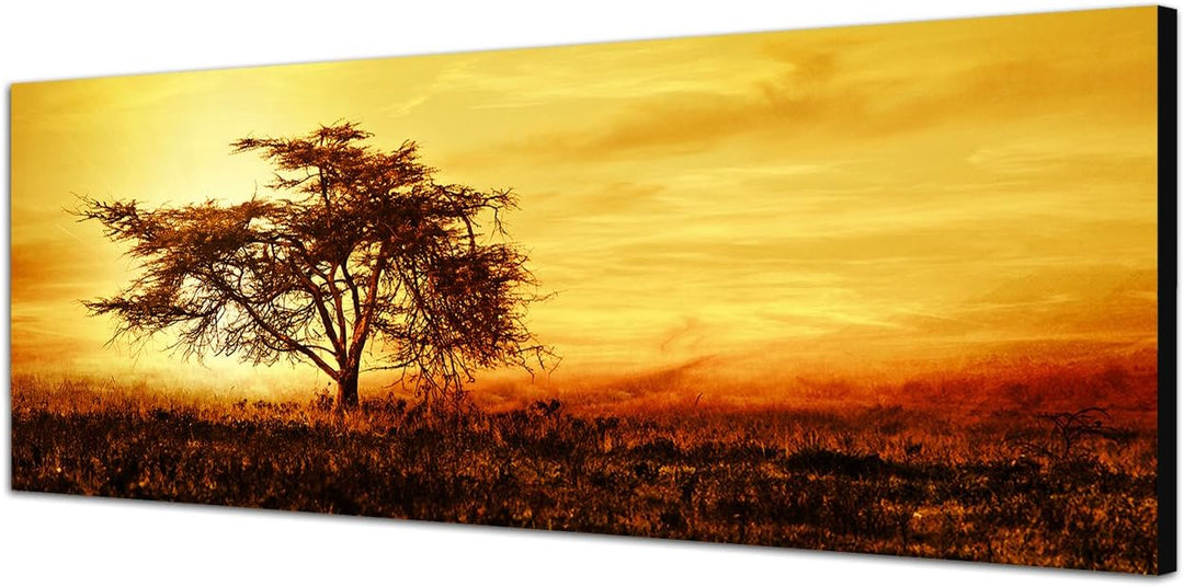 Panoramabild auf Leinwand und Keilrahmen 120x40cm Afrika Baum Silhouette Sonnenuntergang