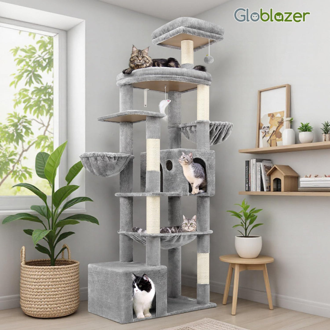 Globlazer Kratzbaum XXL 193 cm Hoch mit 2 Grosse Katzenhaus, Hängematte 50 * 40CM, Gross Plattform G