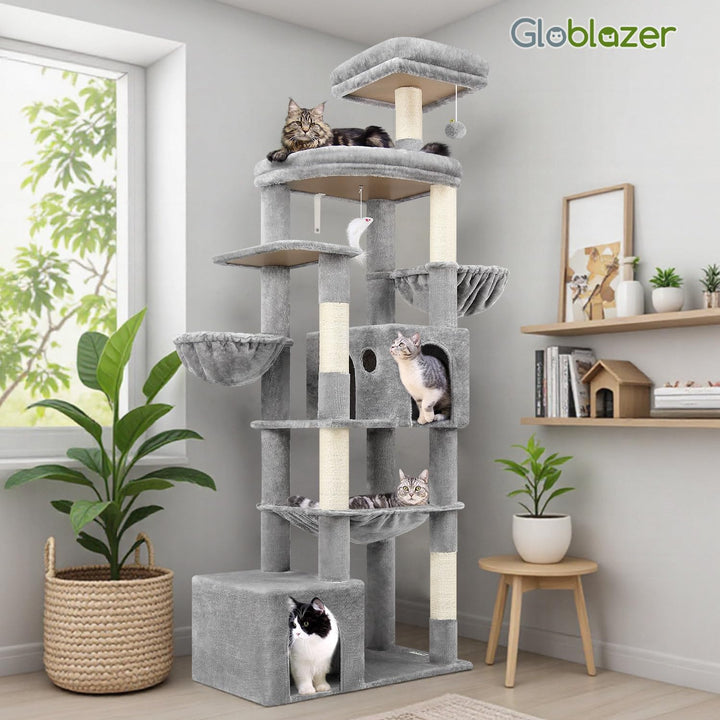 Globlazer Kratzbaum XXL 193 cm Hoch mit 2 Grosse Katzenhaus, Hängematte 50 * 40CM, Gross Plattform G