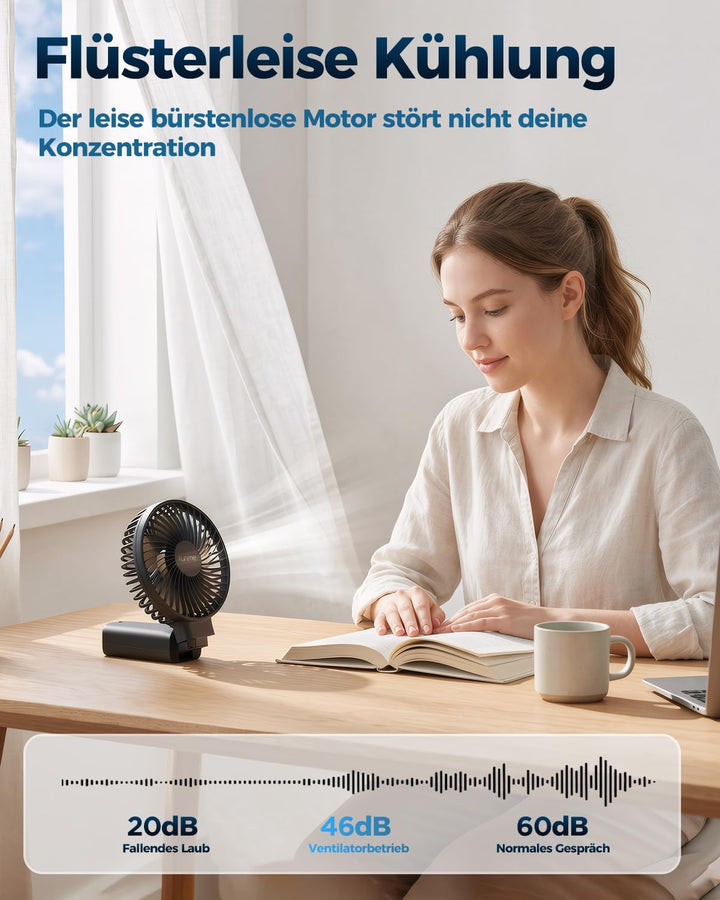 Funme Handventilator 10000mAh, 53H Laufzeit Tragbarer Lüfter mit Powerbank, Ventilator Hand 4 Stufen