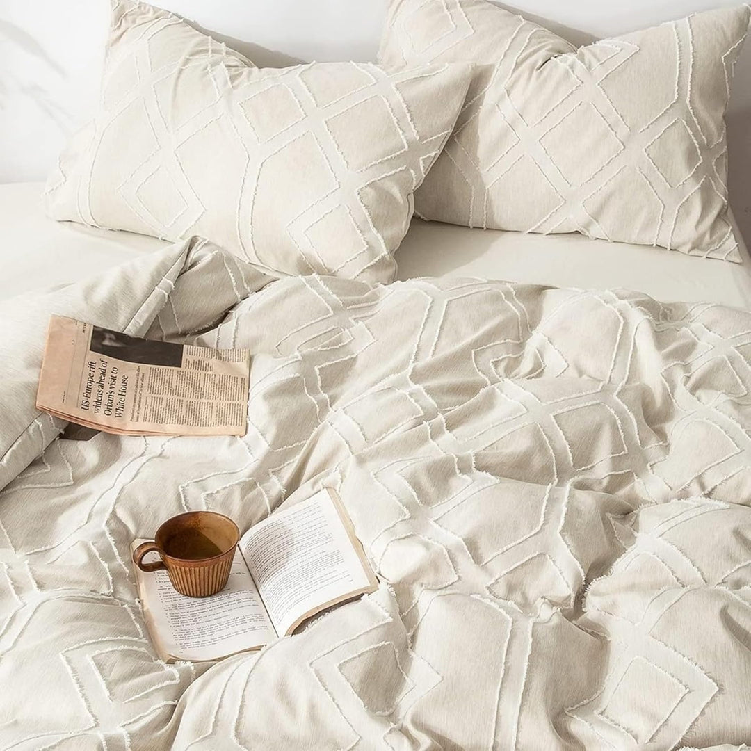 Freyamy BohoBettwäsche 135x200cm Getuftet Geometrische Beige Bettwäsche-Set Stickerei Modern Chic Mi
