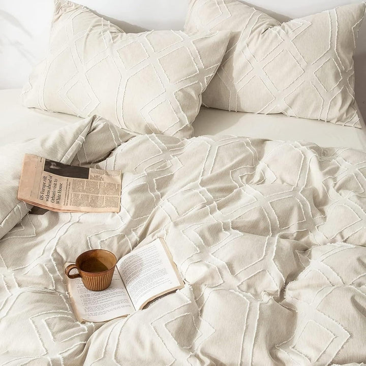 Freyamy BohoBettwäsche 135x200cm Getuftet Geometrische Beige Bettwäsche-Set Stickerei Modern Chic Mi