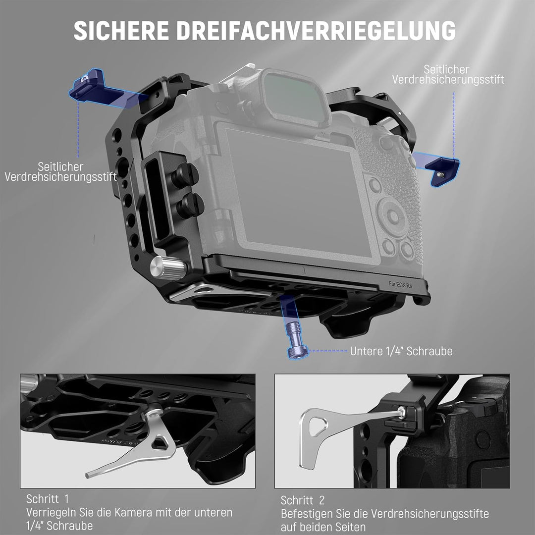 NEEWER EOS R8 Kamerakäfig mit HDMI Kabelklemme, NATO Schiene, Arca Schnellwechselbasis, Drehsichere