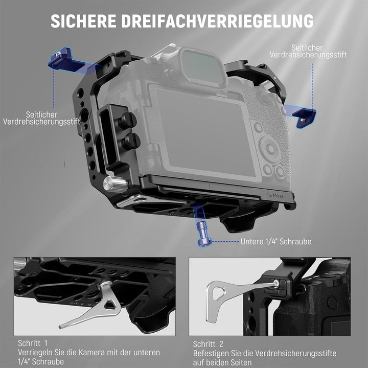 NEEWER EOS R8 Kamerakäfig mit HDMI Kabelklemme, NATO Schiene, Arca Schnellwechselbasis, Drehsichere