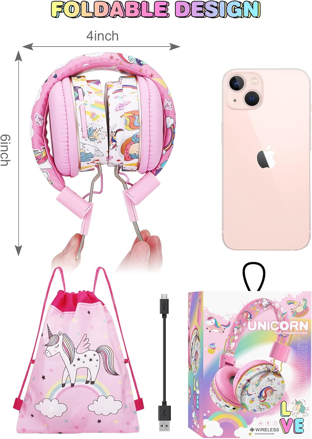 JYPS Bluetooth Kopfhörer Kinder, Einhorn Kopfhörer Kabellos Kinder mit Kabel und Mikrofon, Kids Head