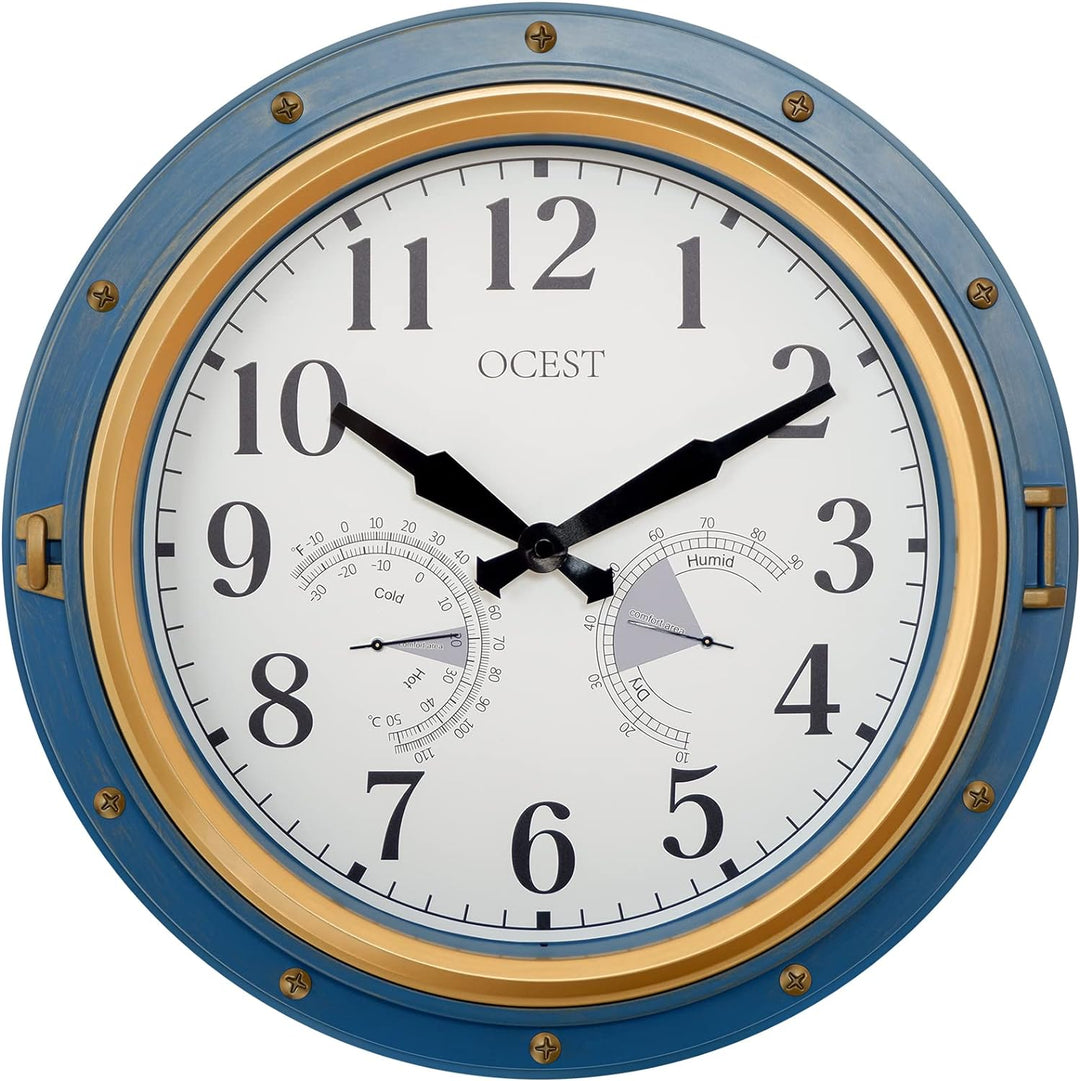 OCEST Gartenuhr Wetterfest, 40,6 cm Wasserdicht Wanduhr mit Temperatur und Luftfeuchtigkeit Retro le