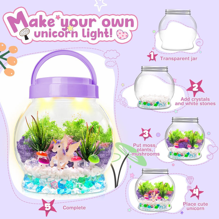 DIY Einhorn Geschenk für Mädchen,Terrarien Kit Licht Mit Pflanzen Garten Einhorn Spielzeug für 3 4 5