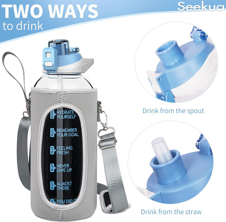 Seekua 2l Sport Trinkflasche Glas Flasche mit Strohhalm &amp; Zeitmarkierung auslaufsicher bpa frei 2 li