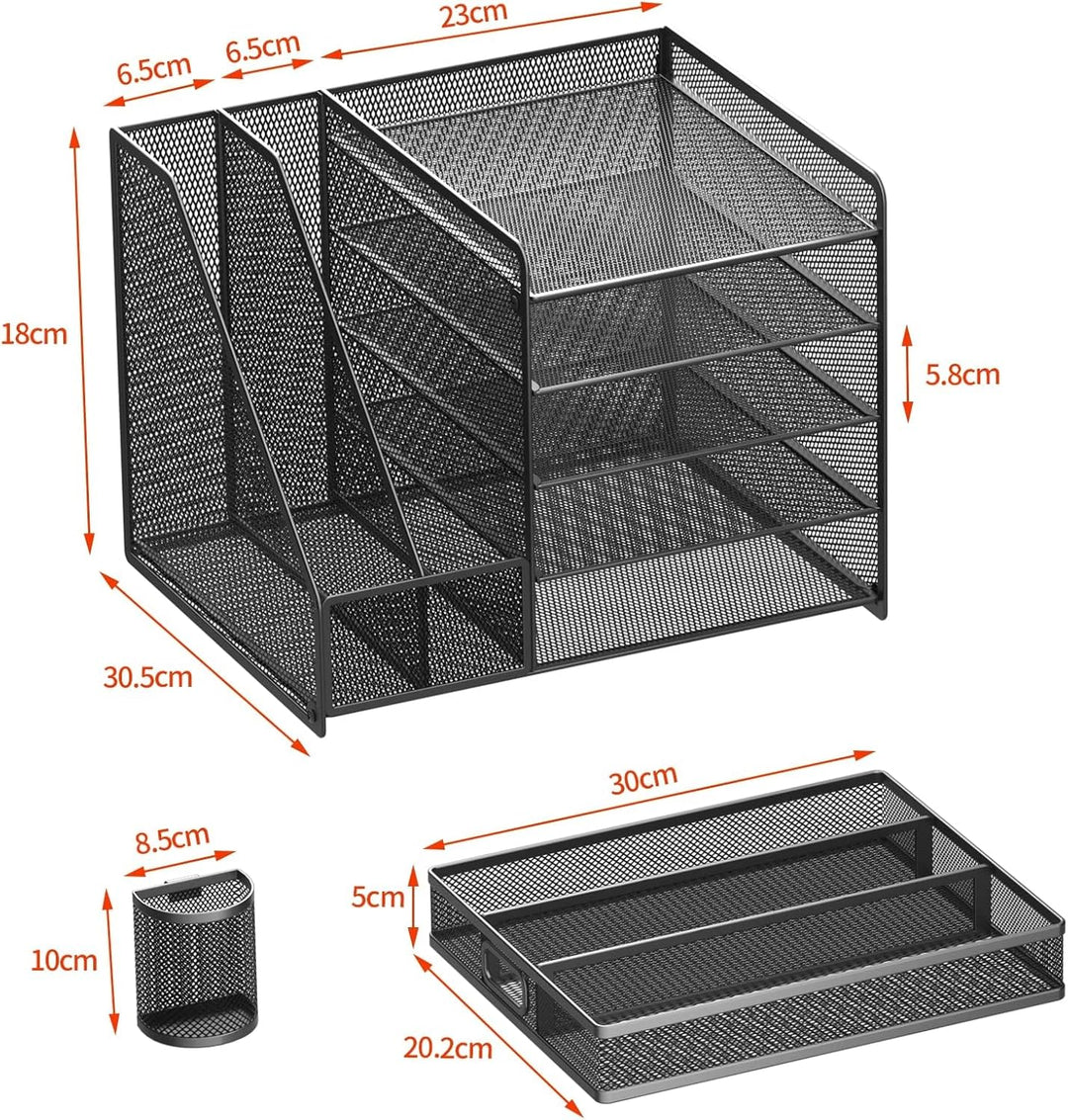 Schreibtisch Organizer mit Aktenhalter, 5-stufiger Papier Organizer mit Schublade und 2 Stifthaltern