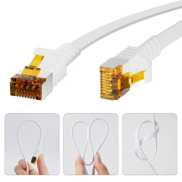 15 Meter Cat7 Flaches Ethernet kabel– Weiss, für den Aussenbereich,10 Gbit/s 600 MHz,POE,Robustes PV