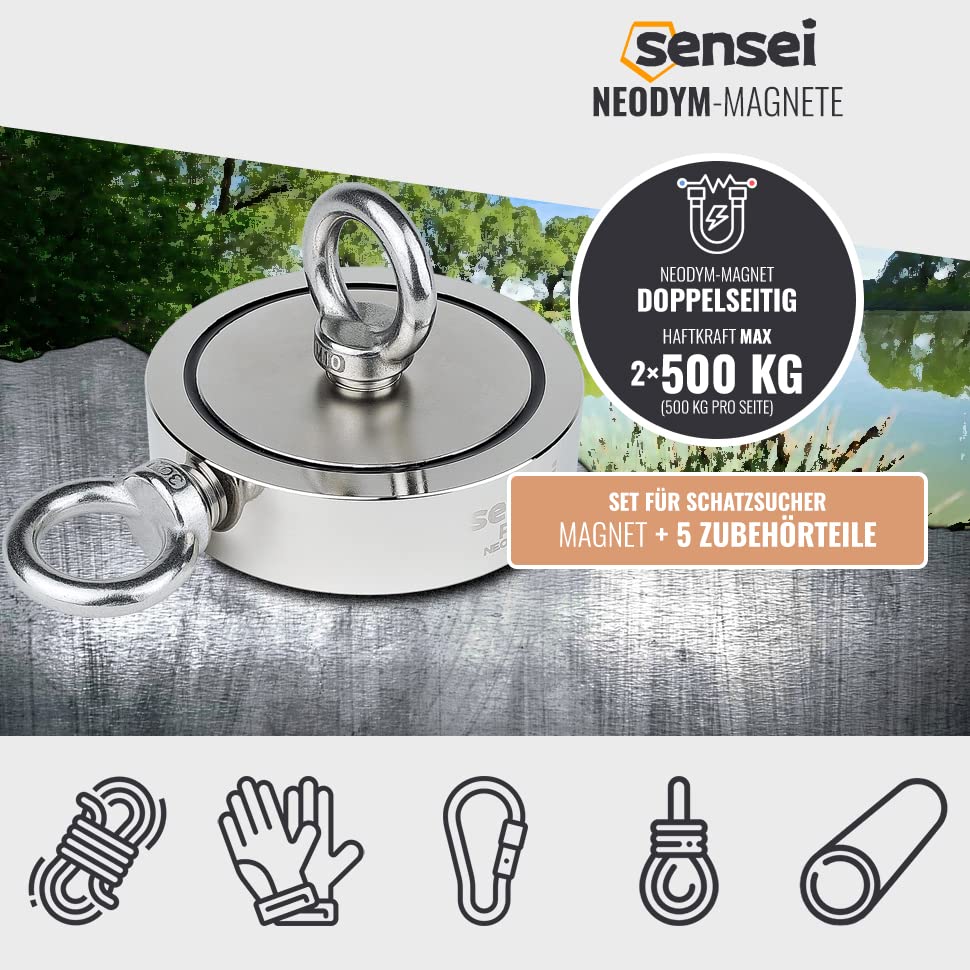 SENSEI Set 500 kg, Doppelseitiger N52 Neodym-Magnet mit 2 Ösen, Ø11,6 x H3 cm, Segelseil 25 m, Schut