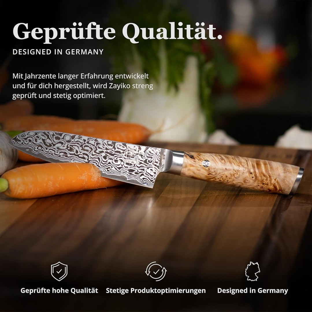 zayiko Kinone Premium Kleines Santokumesser - 12 cm Klinge, 67 Lagen Damaststahl, ergonomischer Birk