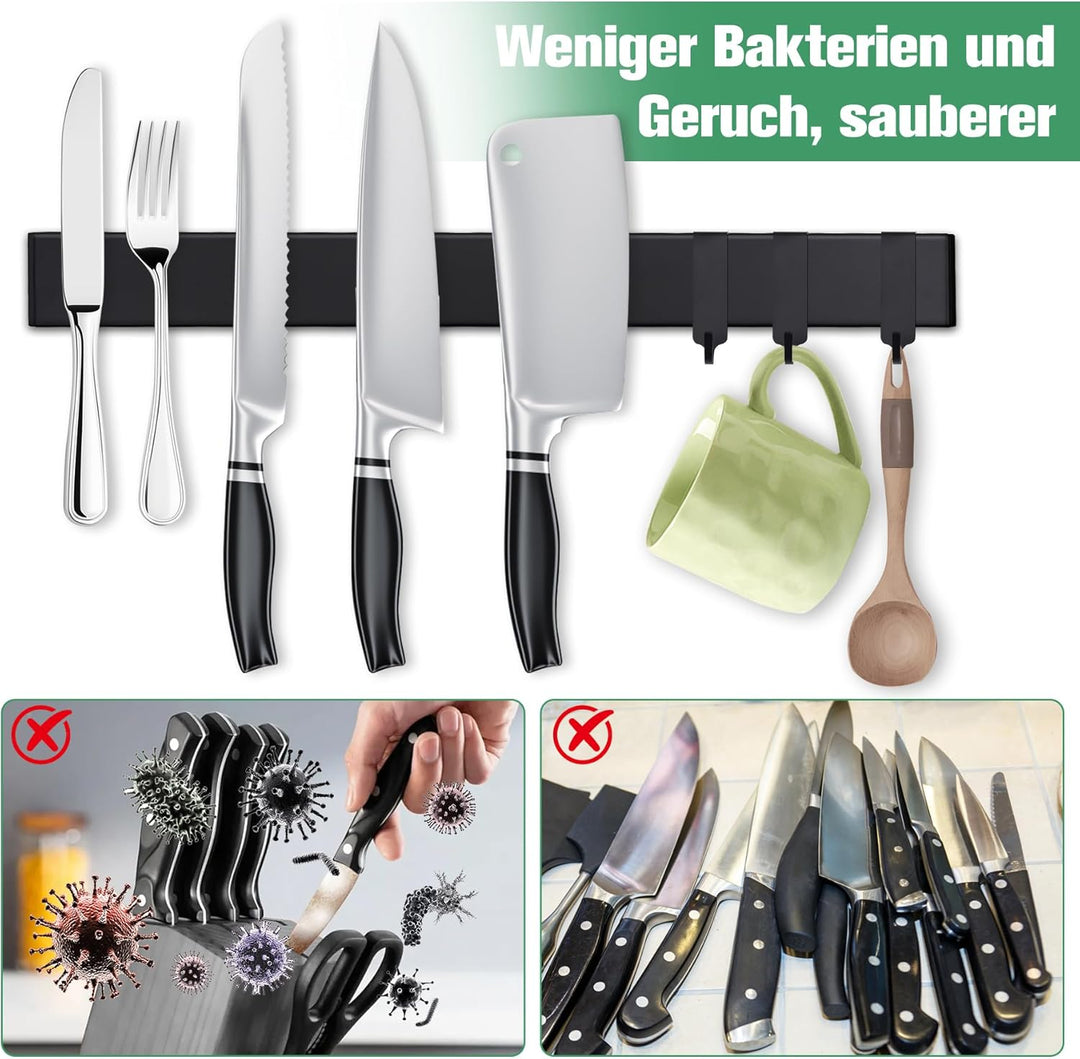 Magnetleiste Messer 40 cm, Messerhalter magnetisch schwarzmit 3 Haken,Magnet Messerhalter aus Edelst
