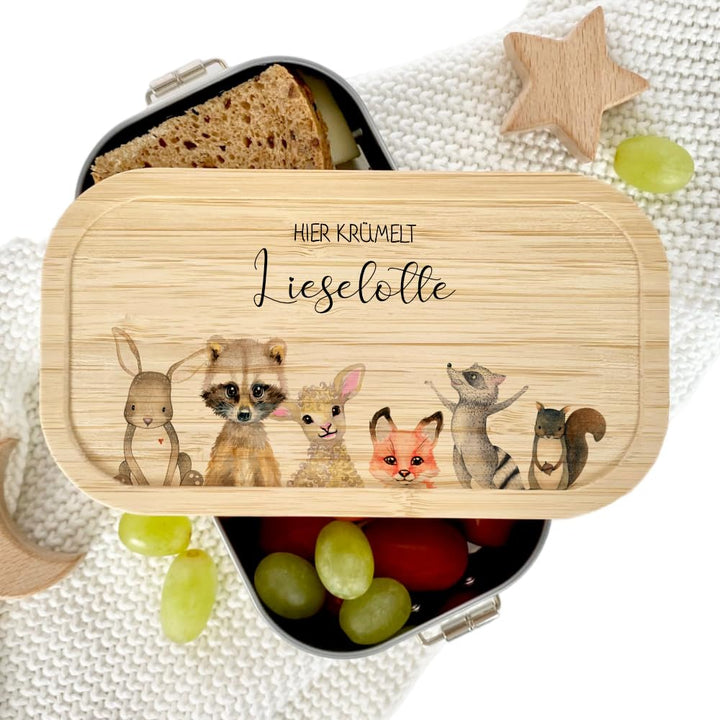 Manufaktur Liebevoll - Personalisierte Brotdose mit Fächern, Edelstahl Lunchbox mit Bambus Deckel u.