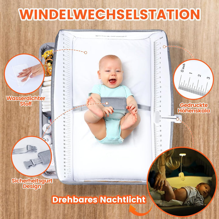 Orzbow Tragbarkeit Baby Wickelkommode mit Schubladen und Nachtlicht, Höhenverstellbare Mobiler Baby