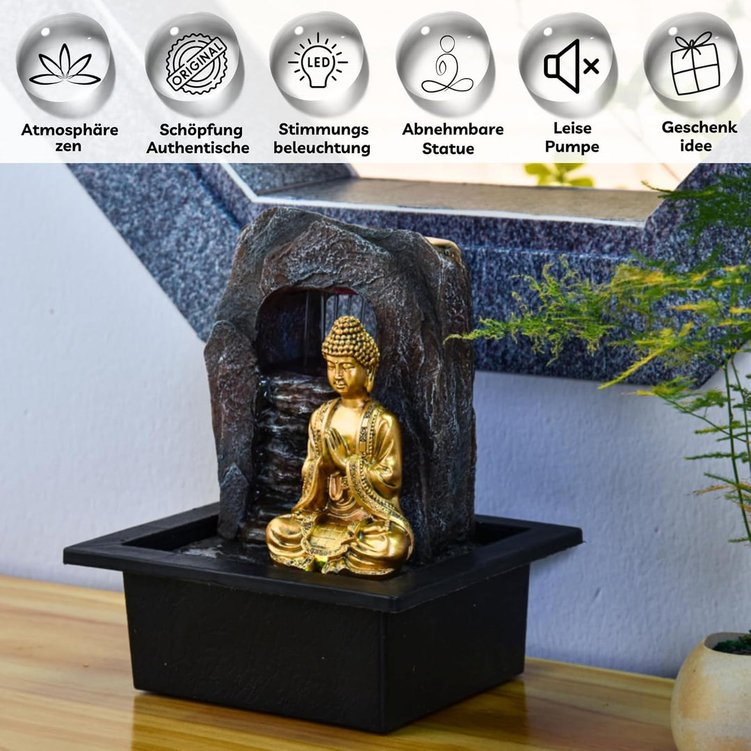 Zen Dao Fountain - Innenbrunnen Buddha Statue Abnehmbares LED -Licht - geschlossen - brauner und Gol