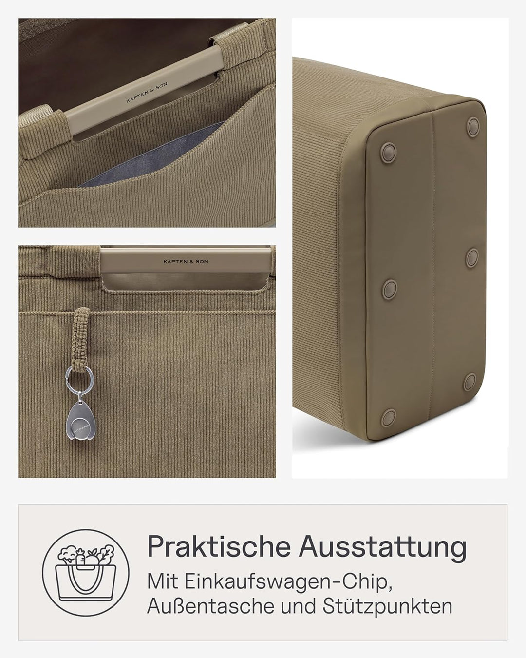 Kapten & Son Vaasa Einkaufskorb faltbar Cord Dusty Khaki 25 L | Korb Kord Grün | Inklusive Einkaufsw