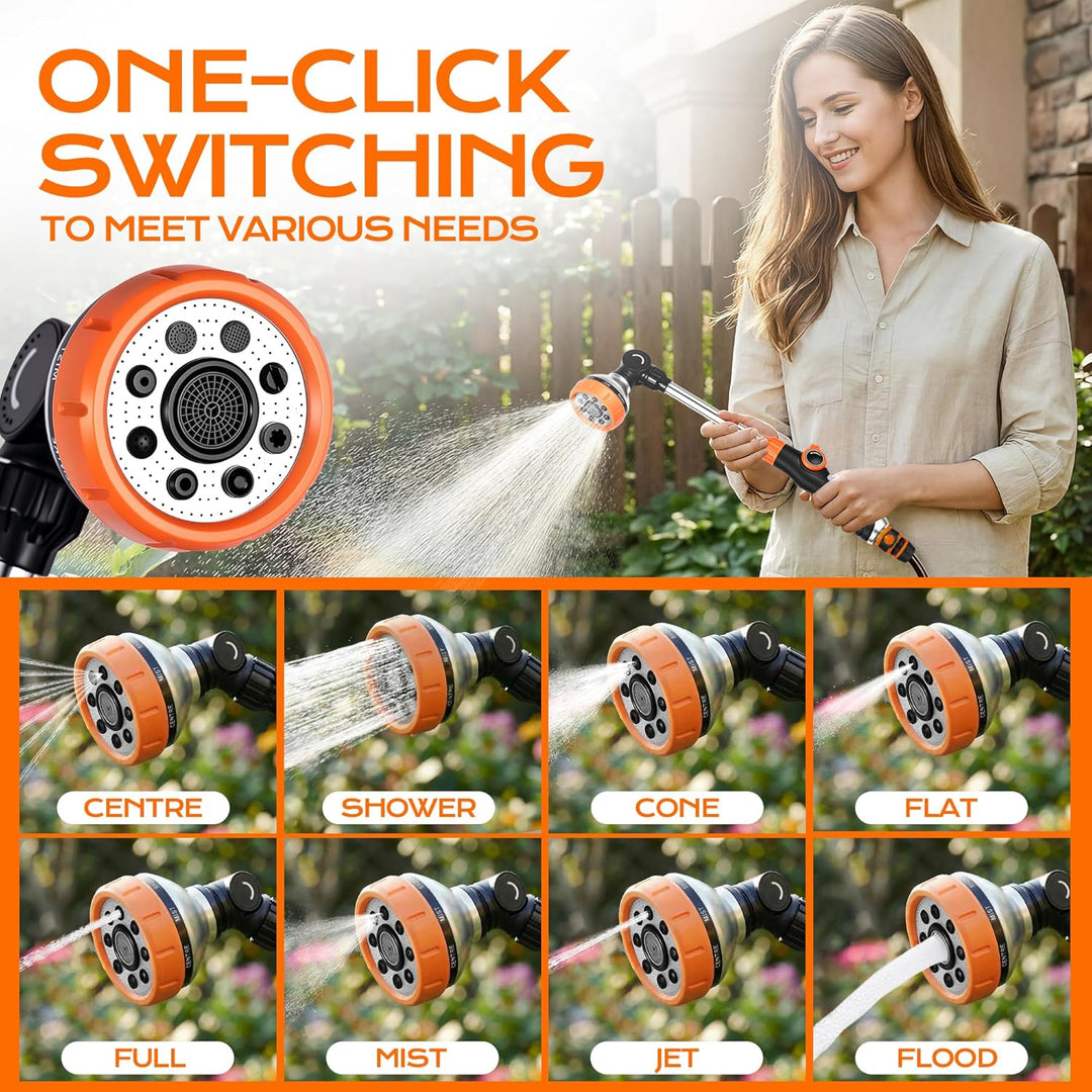 Giessstab 8 Sprühbilder, 47cm Gartenbrause Lang mit 180° Schwenkbaren Kopf & O-Ring Auslaufschutz, H