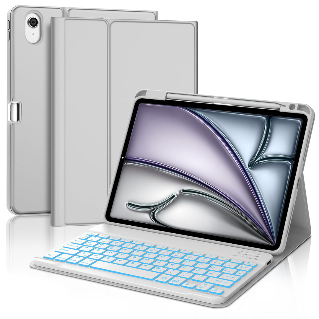 Für iPad Air 11 (2026/2025/2024) (M4/M3/M2) Hülle mit Keyboard, Beleuchtete Tastatur mit 7 Farben, B