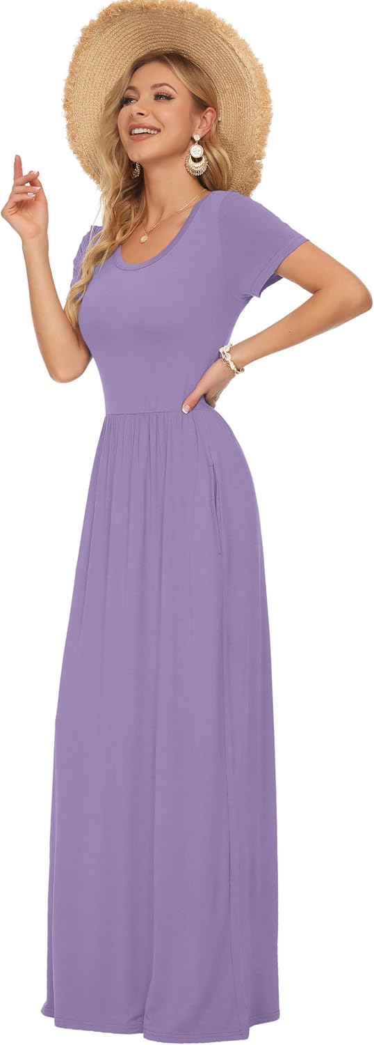 AUSELILY Damen Kurzarm Sommer Casual Long Maxi Kleider mit Taschen | Ganzjähriges Tragen, solider Bl