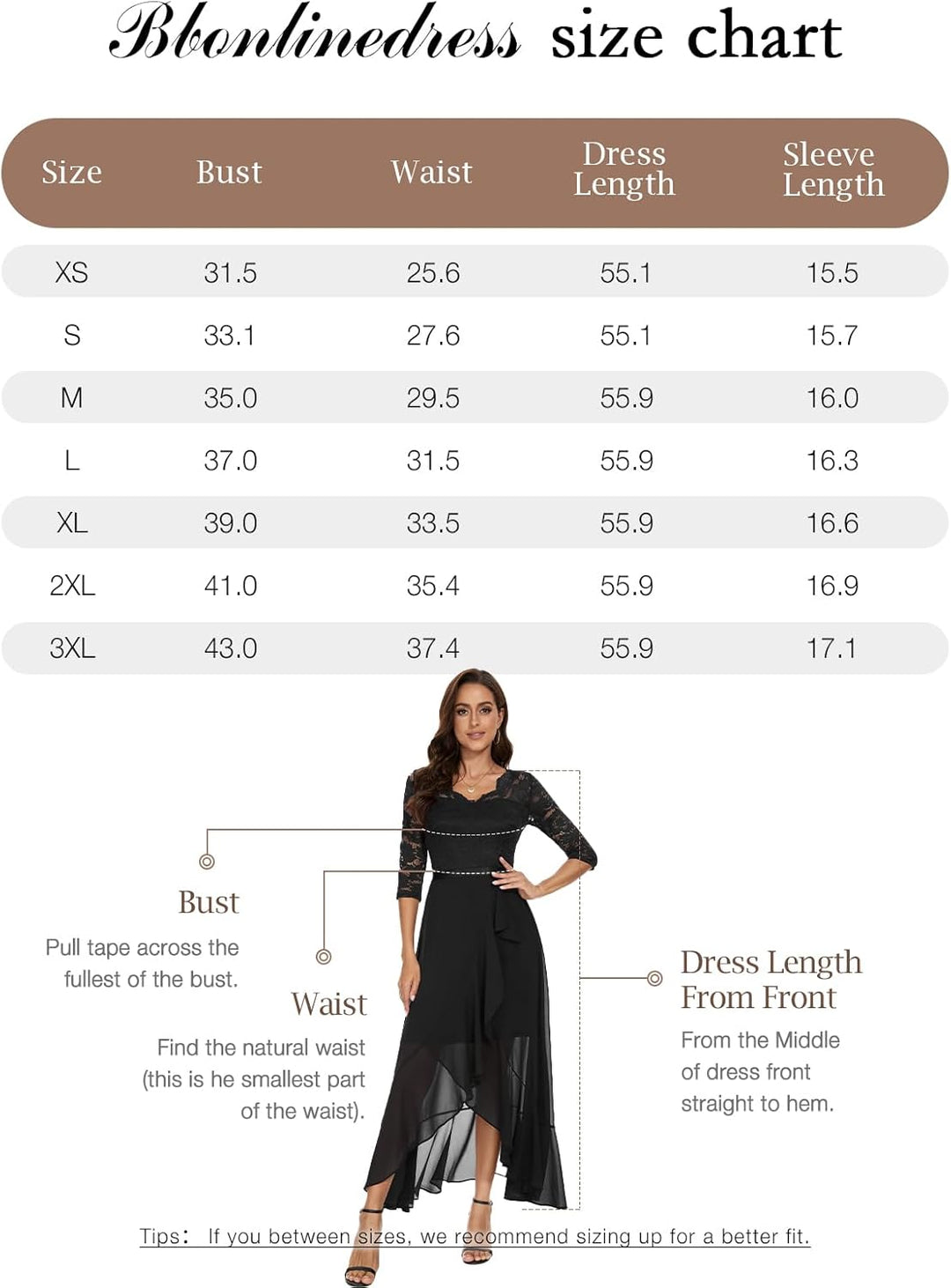 Bbonlinedress Abendkleider elegant für Hochzeit Spitzenkleid Chiffon Hi-Lo Kleid Brautjunferkleid Pa