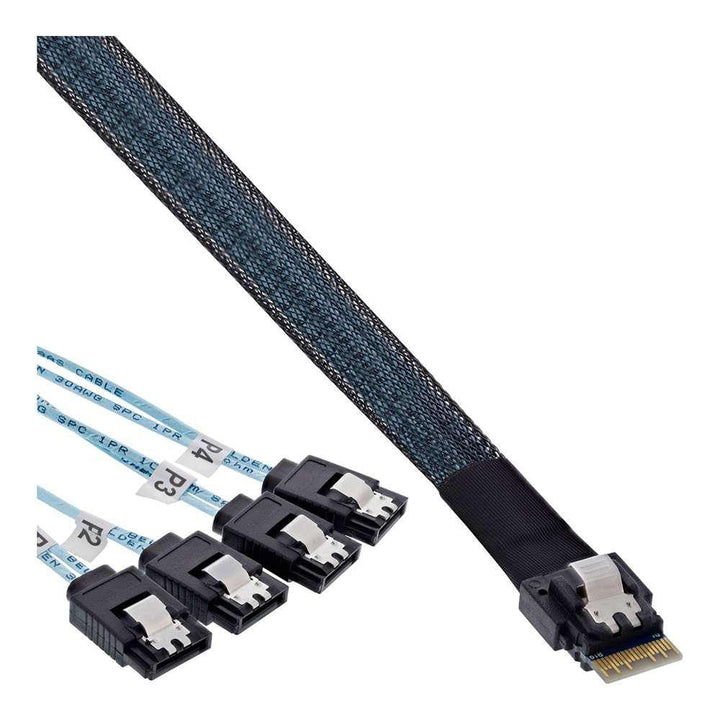 InLine Slim SAS Kabel, SFF-8654 4i zu 4x SATA 7-pin, 12Gb/s, 0,5m, interne Verbindung für SAS Contro