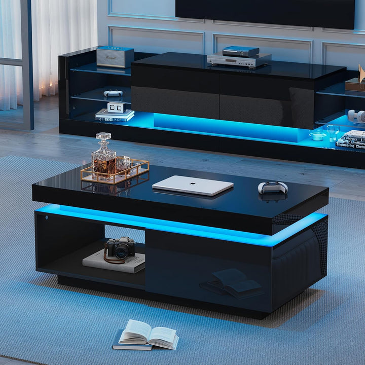 Merax Moderner Hochglanz-Couchtisch mit LED-Beleuchtung, 100x50x40,3 cm, Schwarz Wohnzimmer-Tisch mi