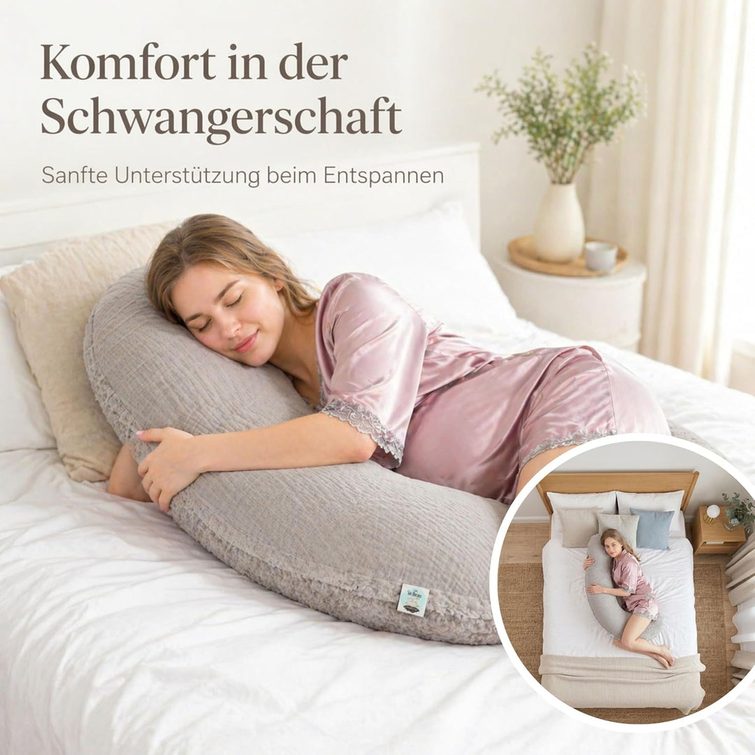 sei Design Stillkissenbezug 4-lagiger Musselin Teddyplüsch XXL 190 x 35 cm Grau – GOTS Bio-Baumwolle