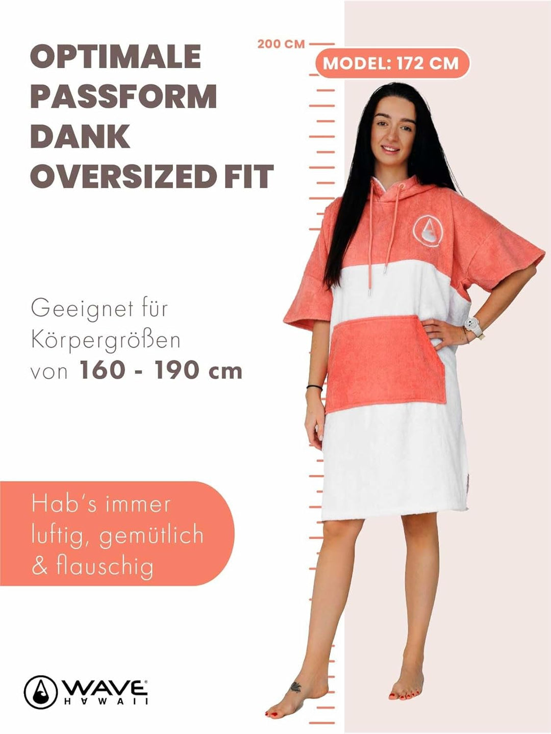 WAVE HAWAII Bade-Poncho Damen & Herren| Grösse M 160-190cm I 95% Baumwolle Surf-Poncho für Erwachsen