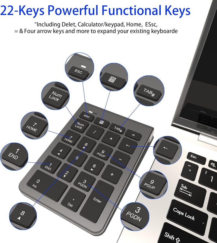 Bluetooth Nummernblock, Kabelloser Ziffernblock mit 22 Tasten（inkl-11 Multifunktionstasten） Leiser N