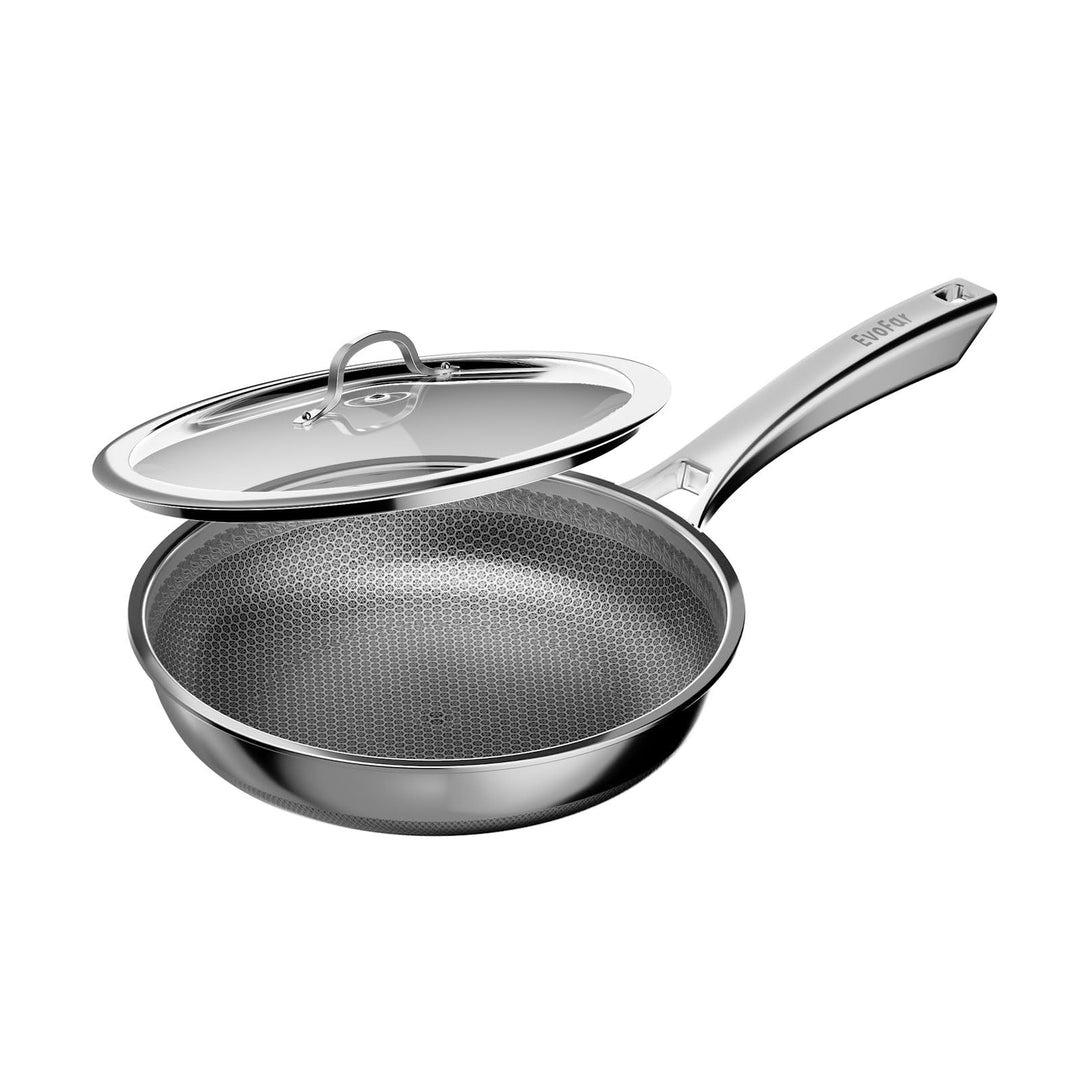 Edelstahlpfanne 28 cm mit Deckel, 3-Schicht Antihaft Wabenpfanne, ergonomischer Edelstahlgriff, Edel