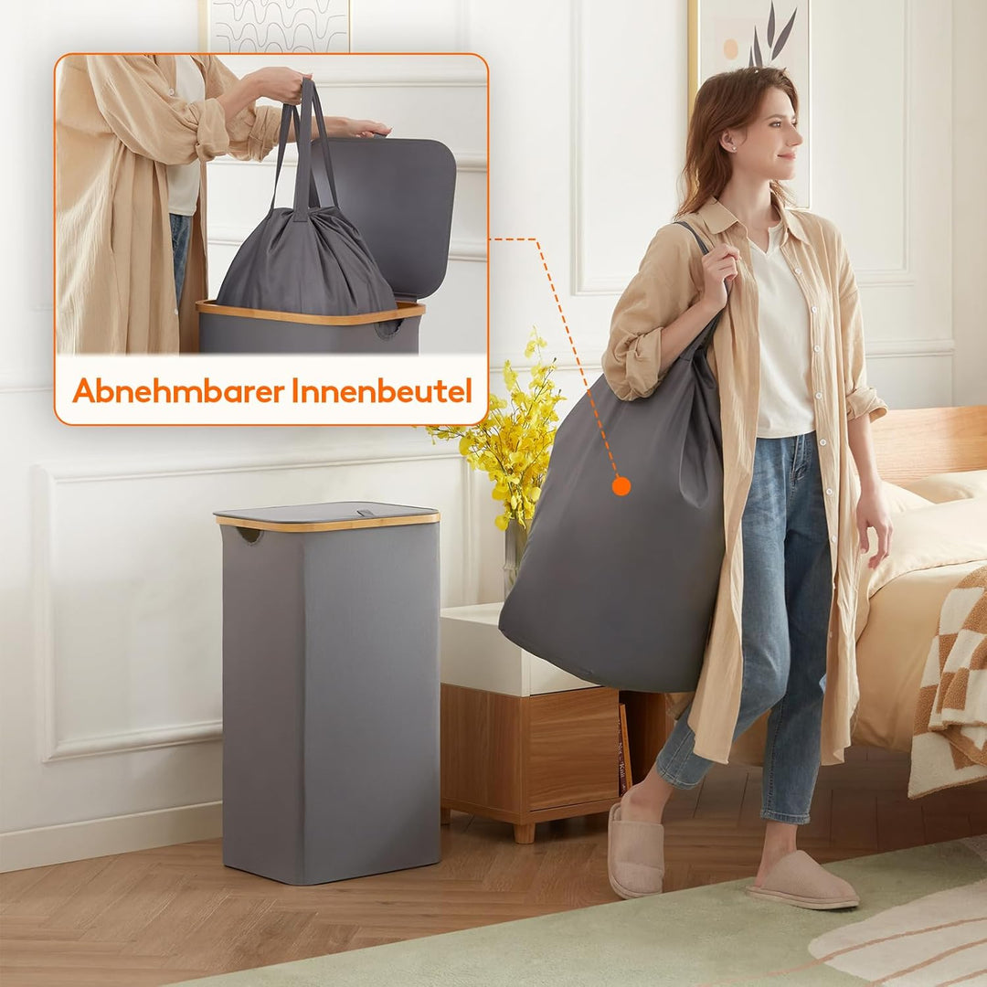 Lifewit 100L Wäschekorb mit Deckel, Wäschekörbe für Wäsche mit Bambus Griffe und Eine Abnehmbare Wäs