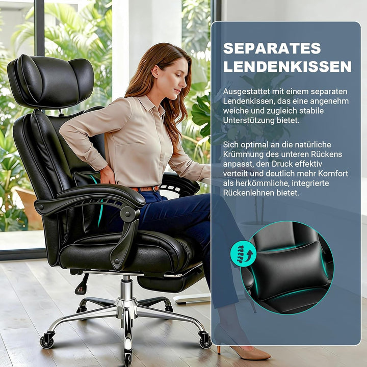 BASETBL Bürostuhl 200kg, Chefsessel mit 4-stufiger Gasdruckfeder, 3D Armlehnen, Verstellbarer Lenden