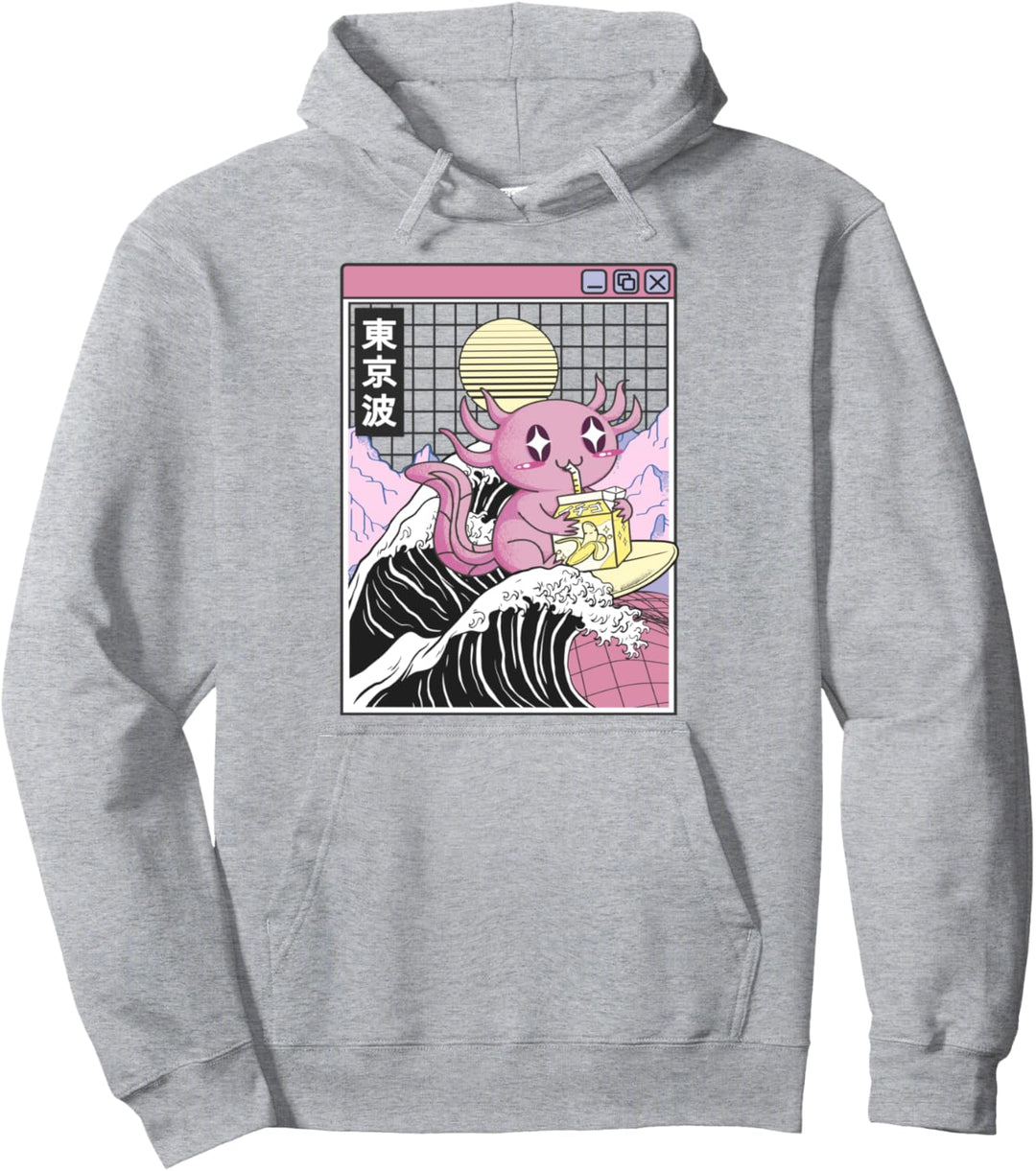 Axolotl Trinkbananenmilch Kanagawa Wave Anime Vaporwave Pullover Hoodie