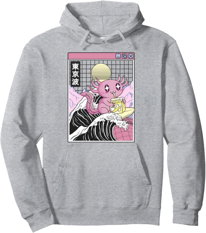 Axolotl Trinkbananenmilch Kanagawa Wave Anime Vaporwave Pullover Hoodie